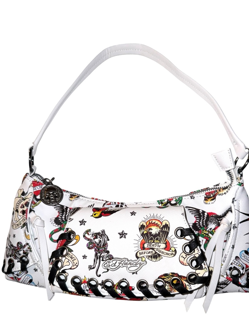 Ed Hardy White Tattoo-Print Shoulder Bag w/faux suede Whipstitch Accents